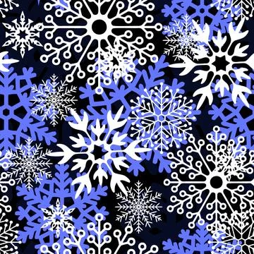 Seamless asymmetric pattern of multicolored snowflakes on a blue background Illustrazione stock