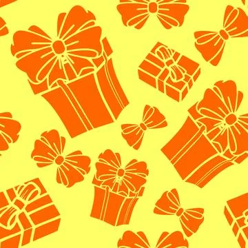 Seamless asymmetric pattern of orange gift boxes on a yellow background Stockillustratie