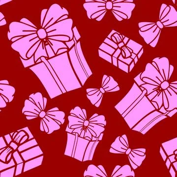 Seamless asymmetric pattern of pink gift boxes on a red background, texture.. Illustrazione stock
