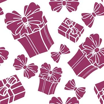 Seamless asymmetric pattern of purple gift boxes on a white background, tex.. 스톡 일러스트
