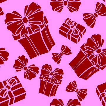 Seamless asymmetric pattern of red gift boxes on a pink background, texture.. Illustrazione stock