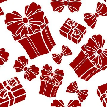 Seamless asymmetric pattern of red gift boxes on a white background, textur.. Illustrazione stock