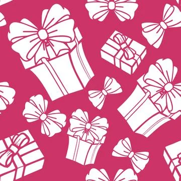 Seamless asymmetric pattern of white gift boxes on a pink background Illustrazione stock