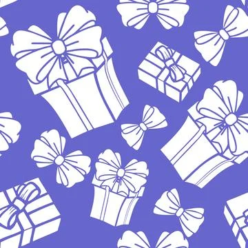Seamless asymmetric pattern of white gift boxes on a blue background Stockillustratie