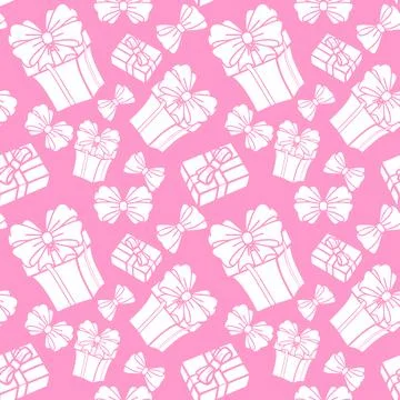 Seamless asymmetric pattern of white gift boxes on a pink background, textu.. 스톡 일러스트