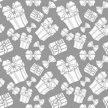 Seamless asymmetric pattern of white gift boxes on a gray background, textu.. Illustrazione stock