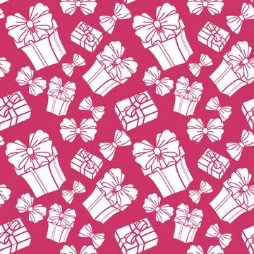 Seamless asymmetric pattern of white gift boxes on a pink background, textu.. Stock Illustration