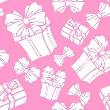 Seamless asymmetric pattern of white gift boxes on a pink background, textu.. Illustrazione stock