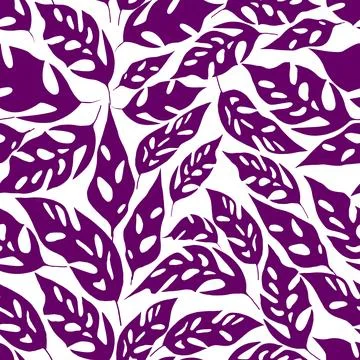 Seamless asymmetric repeating pattern of bright purple leaves on a white Stock Illustration