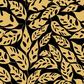 Seamless asymmetric repeating pattern of golden leaves on a black background Stock Illustration