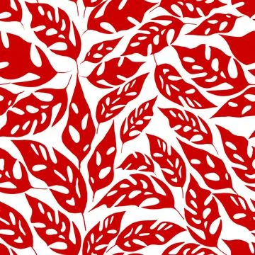 Seamless asymmetric repeating pattern of red leaves on a white background Stock Illustration