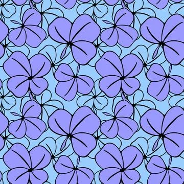 Seamless asymmetrical pattern of clover leaves in blue tones and black cont.. Illustrazione stock