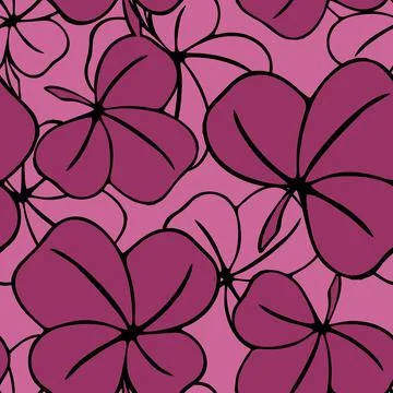 Seamless asymmetrical pattern of clover leaves in purple tones and black co.. Stock Illustration