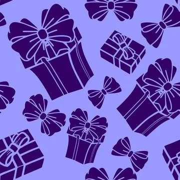Seamless asymmetrical pattern of dark blue gift boxes on a light blue backg.. Stock Illustration