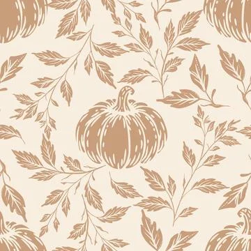 Seamless autumn botanical pattern featuring a central stylized pumpkin Stock Illustration
