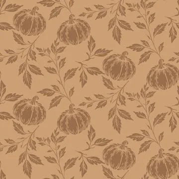 Seamless autumn botanical pattern featuring a central stylized pumpkin 스톡 일러스트