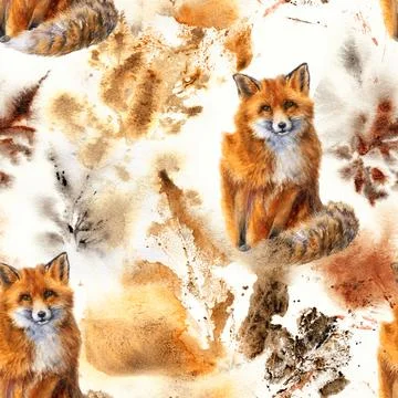 Seamless Autumn Fox Watercolor Pattern Illustrazione stock