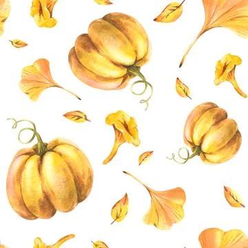 Seamless autumn harvest pattern with pumpkins and leaves in warm golden tones 스톡 일러스트