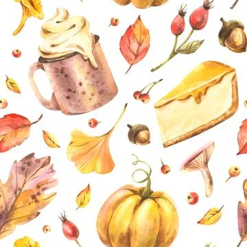 Seamless autumn harvest pattern with pumpkins, rose hips, and leaves, hand Stock Illustration