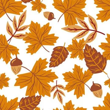 Seamless autumn leaf pattern with acorns and fall foliage on white background Stock Illustration