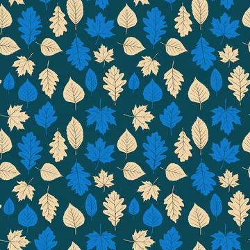 Seamless Autumn Leaf Pattern with Blue and Beige Foliage on Dark Background. イラスト素材
