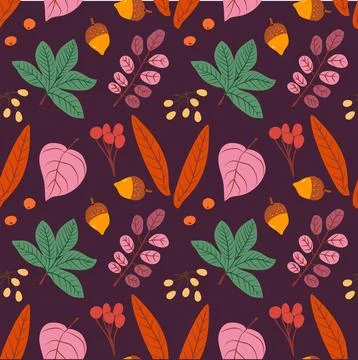 Seamless autumn leaf pattern on a dark background, featuring luminous emerald, Stock Illustration