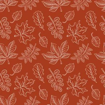 Seamless autumn leaves pattern line art style on red background. Perfect for Stock Illustration