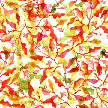 Seamless autumn pattern with abstract branches and leaves and watercolour ... Stock Photos