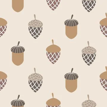 Seamless autumn pattern. Acorns on beige background. Vector illustration. Stock Illustration