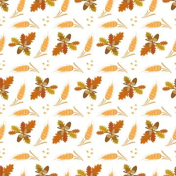 Seamless autumn pattern with acorns, oak leaves and ears of wheat Stock Illustration