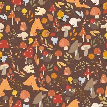 Seamless Autumn Pattern with Cartoon Animals, Leaves and Mushrooms Stock Illustration