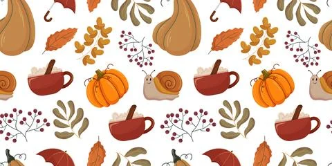 Seamless autumn pattern, cozy elements such as orange pumpkins, cinnamon sp.. Stock Illustration