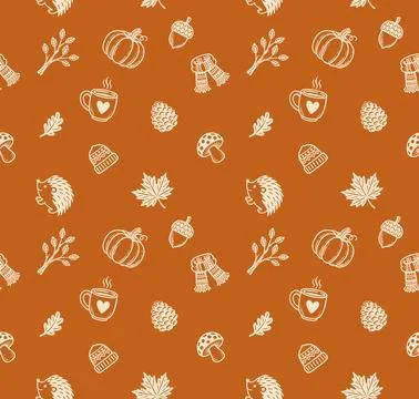 Seamless Autumn Pattern with Cozy Fall Icons Stock Illustration