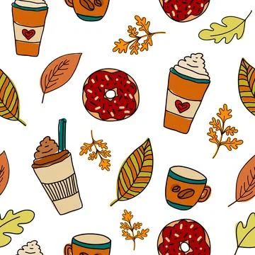 Seamless autumn pattern. Cup of tea or coffee, candle and leaves. Doodle イラスト素材