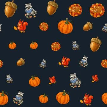 Seamless autumn pattern with cute animals pumpkins and acorns on transparen.. Stock-Illustration