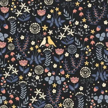 Seamless autumn pattern with cute small birds couple on the doodle flower Ilustração Stock