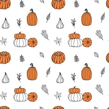 Seamless autumn pattern with doodle pumpkin leaves. Background with plants Stock Illustration