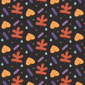 Seamless autumn pattern with dry leaves and raindrops. Stock Illustration