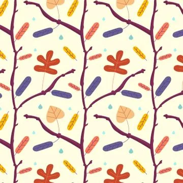 Seamless autumn pattern with dry leaves, branches and raindrops. Stock Illustration