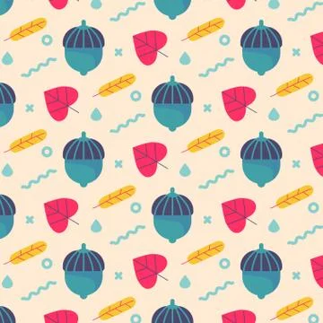 Seamless autumn pattern with dry leaves, acorns, raindrops. Illustrazione stock
