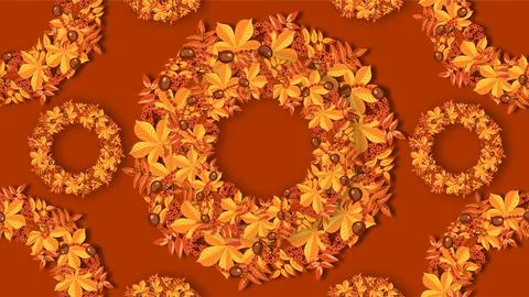 Seamless Autumn Pattern with Fall Foliage Wreaths and Leaves on Warm Red Ba.. Stockillustratie