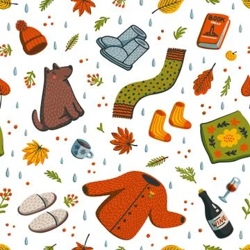 Seamless autumn pattern. Fall season essentials warm clothes, pillow, Porto Stock Illustration