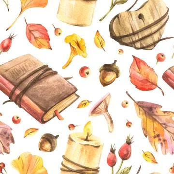 Seamless autumn pattern featuring books, candles, leaves, and cozy fall elements 스톡 일러스트