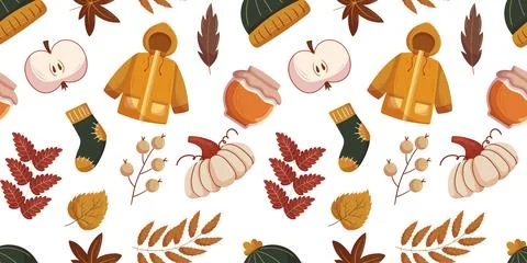 Seamless autumn pattern featuring cozy elements such as a yellow raincoat, knit Stock Illustration