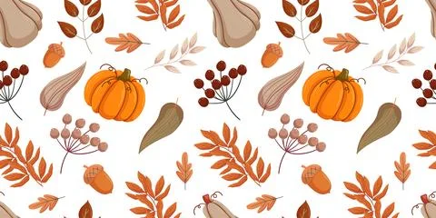 Seamless autumn pattern featuring pumpkins, acorns, various fall leaves, and Stock Illustration