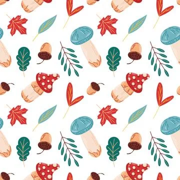 Seamless autumn pattern with fly agaric, mushroom, leaves and acorn in flat Illustrazione stock