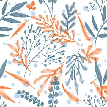 Seamless autumn pattern with hand drawn watercolor leaves and twigs Stock Illustration