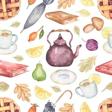 Seamless autumn pattern with hand drawn teapot, umbrella, plum pie, mushroo.. Stock Illustration