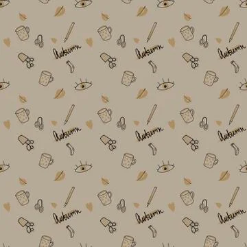 Seamless autumn pattern. Home items on a warm color background Stock Illustration
