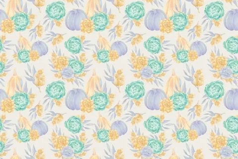 Seamless autumn pattern of illustrations of pumpkins, succulent flowers, twig Stock Illustration